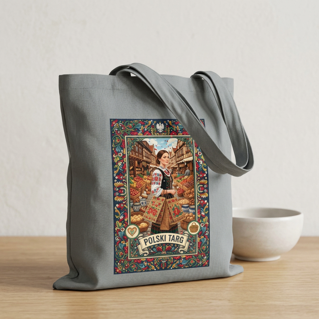 Polski Targ Cotton Tote — Vintage Polish Market Illustration Grocery Bag