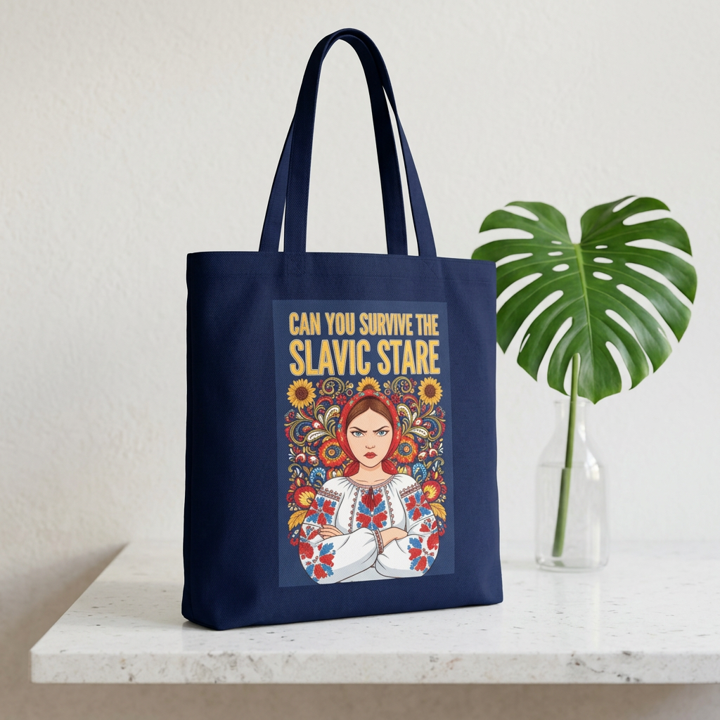 Slavic Stare Cotton Tote — Feminine Folk Art Reusable Bag ("Can You Survive the Slavic Stare")