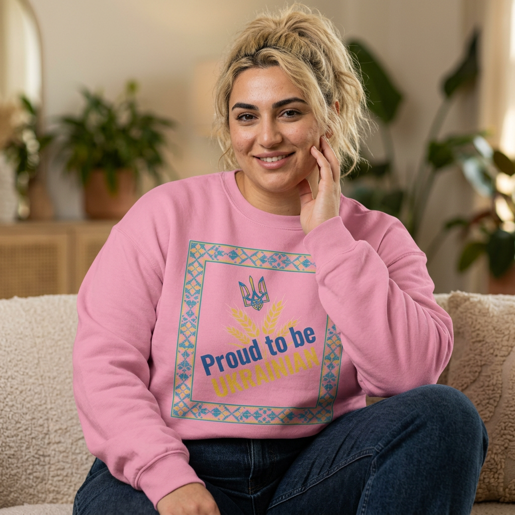 Proud to Be Ukrainian Sweatshirt — Ukrainian Pride Crewneck with Trident & Wheat Design