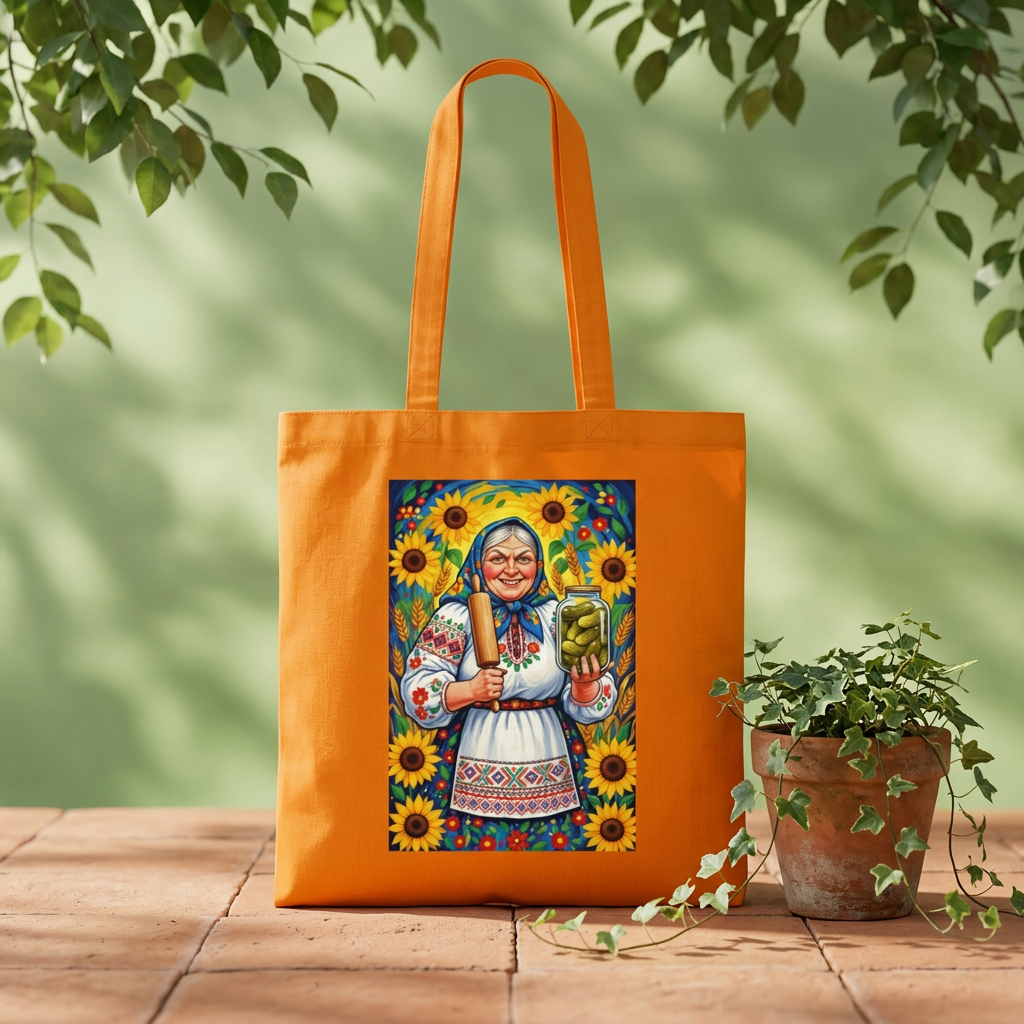 Sunflower Baba Tote - Ukrainian Folk Art Cotton Tote Bag