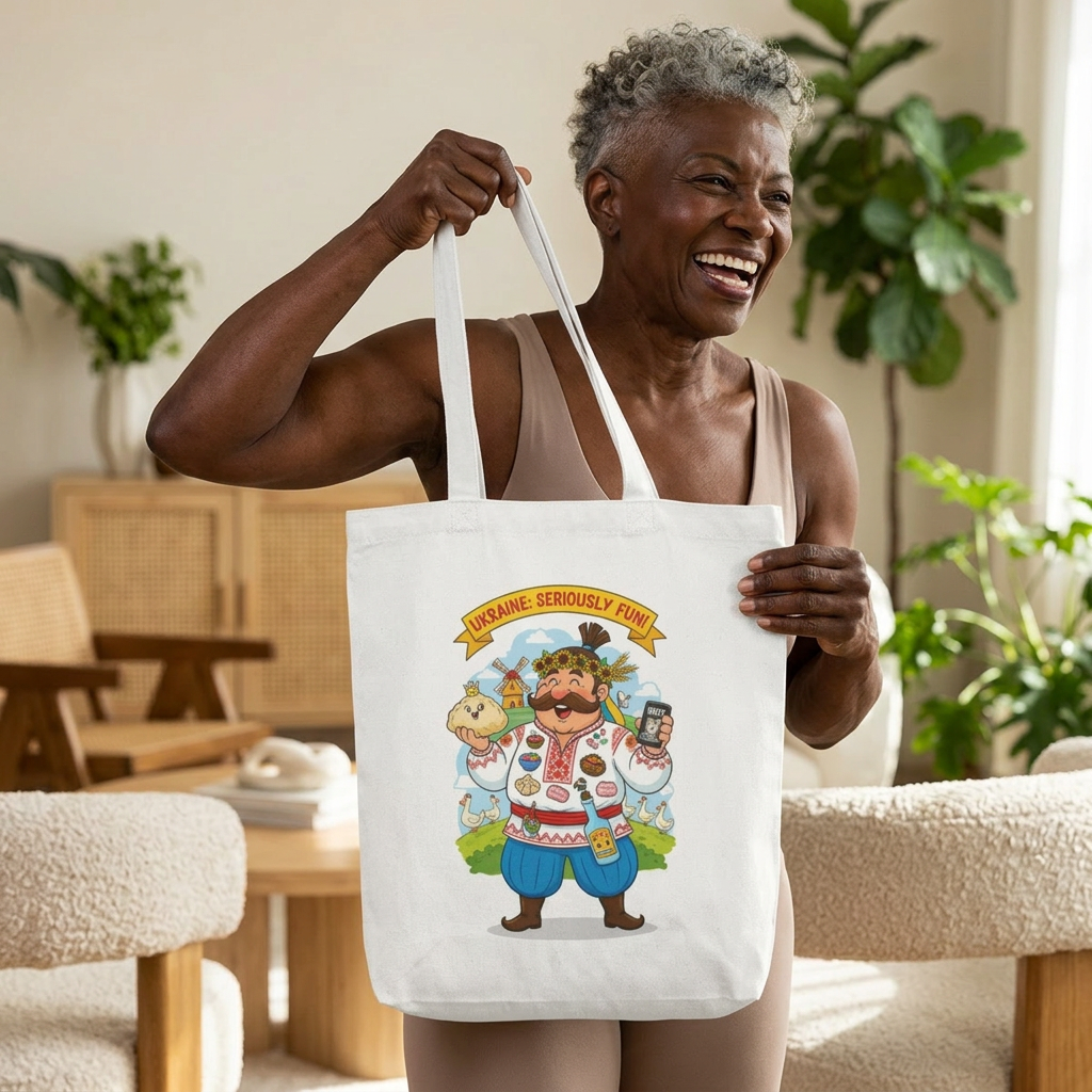 Ukrainian Pride Cotton Tote — "Ukraine Seriously? Fun!" Folk Character Market Bag