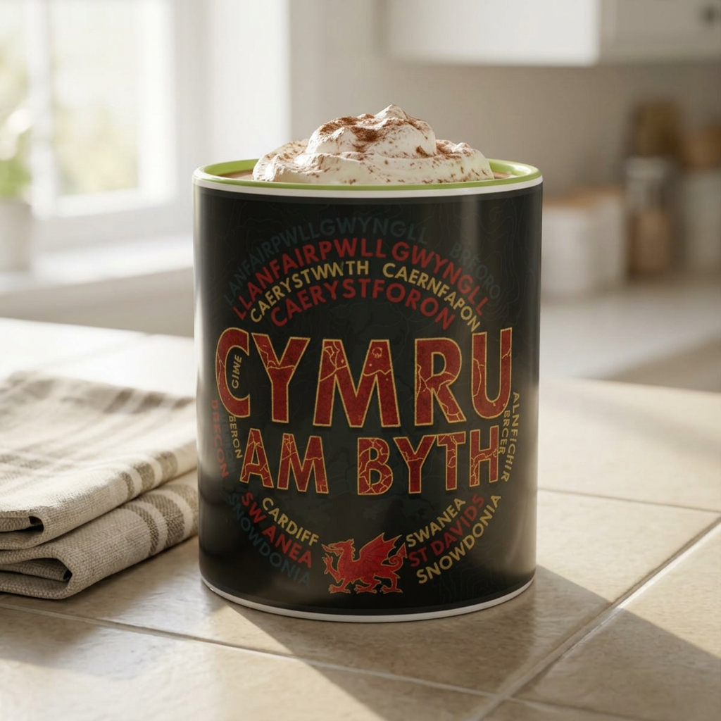 Cymru Am Byth Two-Tone 11oz Coffee Mug — Welsh Pride Map & Place Names