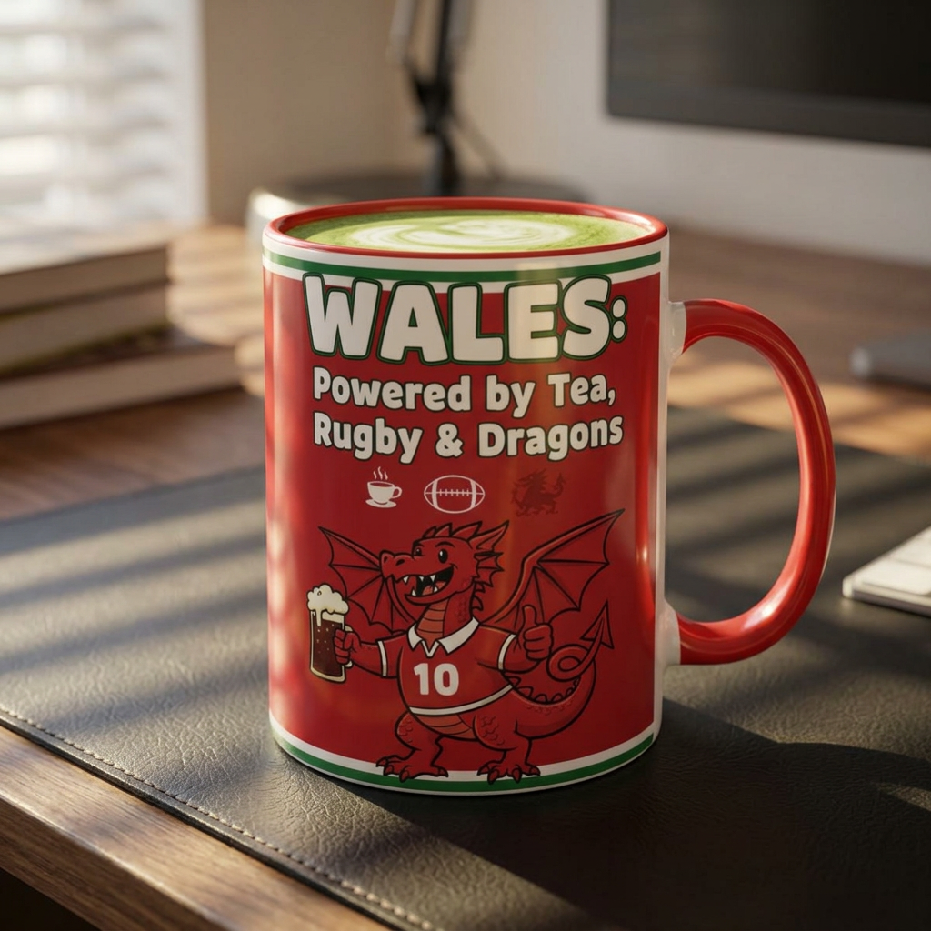 Wales Coffee Mug – "Wales: Powered by Tea, Rugby & Dragons" 11oz Two-Tone Mug