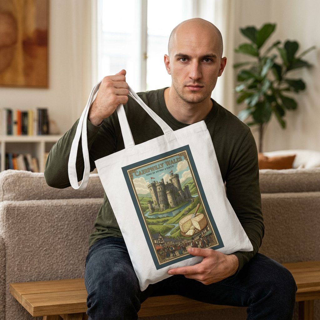 Vintage Castle & Cheese Market Cotton Tote — 'Caerphilly Wales' Retro Travel Poster Tote