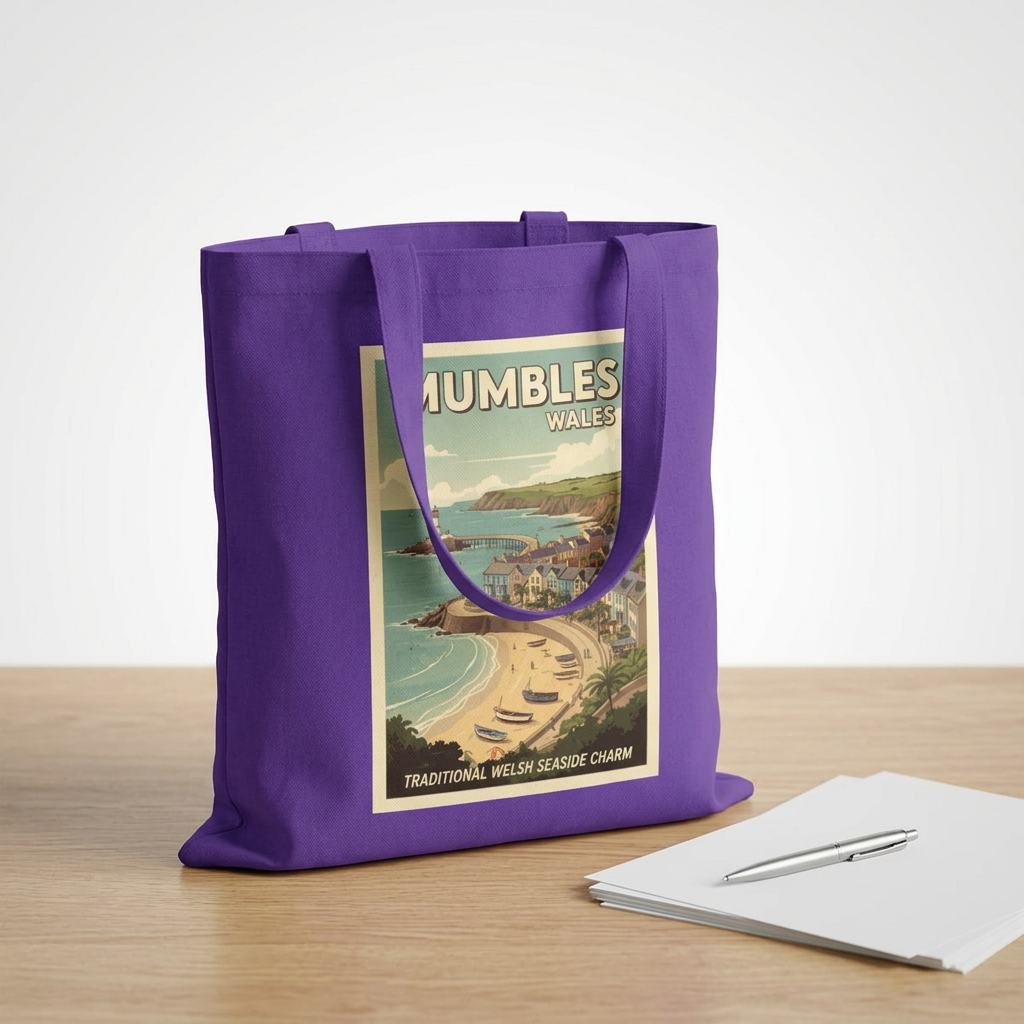 Mumbles Wales Vintage Seaside Tote Bag — Retro Travel Poster Cotton Tote
