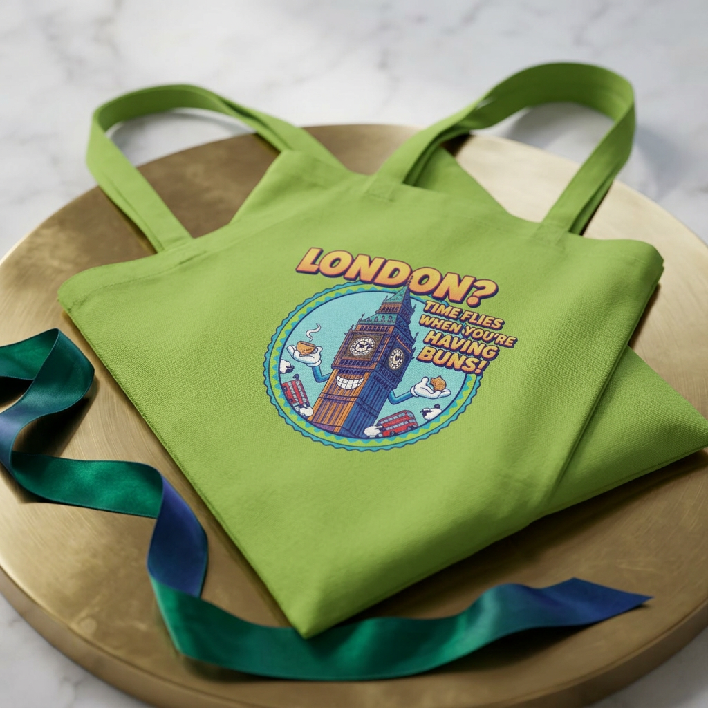 London? Having Buns! Big Ben Cartoon Cotton Tote Bag — Funny UK Travel Gift