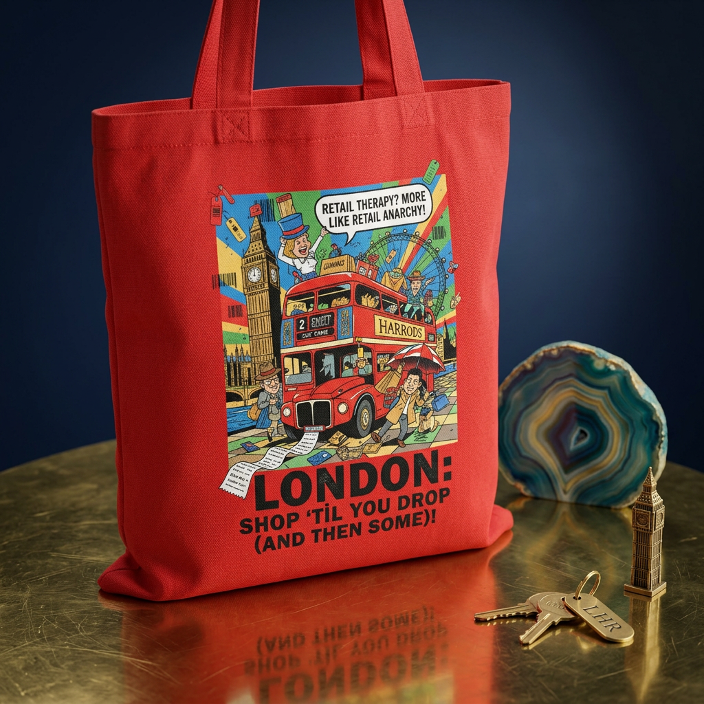 London Vintage Travel Tote Bag — "Shop 'Til You Drop (And Then Some)!" Cotton Shopper