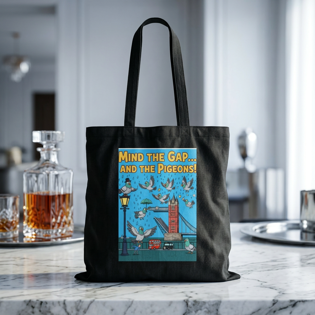 Vintage London Tote Bag — "Mind the Gap... and the Pigeons!" Illustrated Cotton Tote