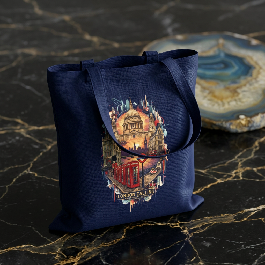 London Calling Cotton Tote Bag — Vintage London Skyline Print, Travel Souvenir Tote