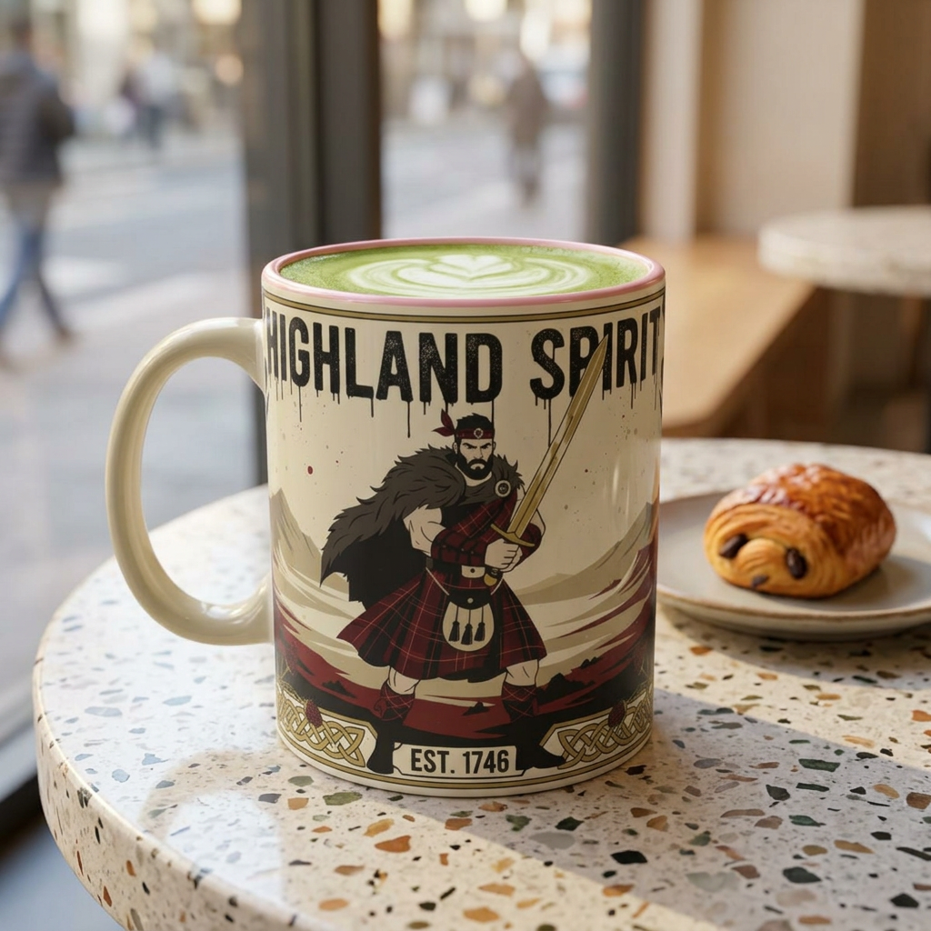 Highland Spirit Coffee Mug — Vintage Scottish Highlander 11oz Two-Tone Ceramic
