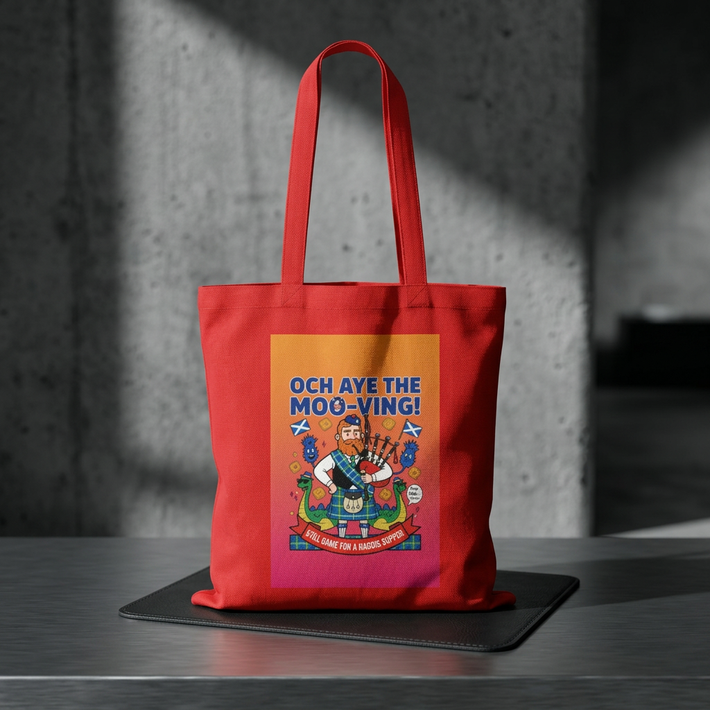 Scottish Cow Cartoon Cotton Tote — "Och Aye the Moo-ving!" Funny Celtic Grocery Bag