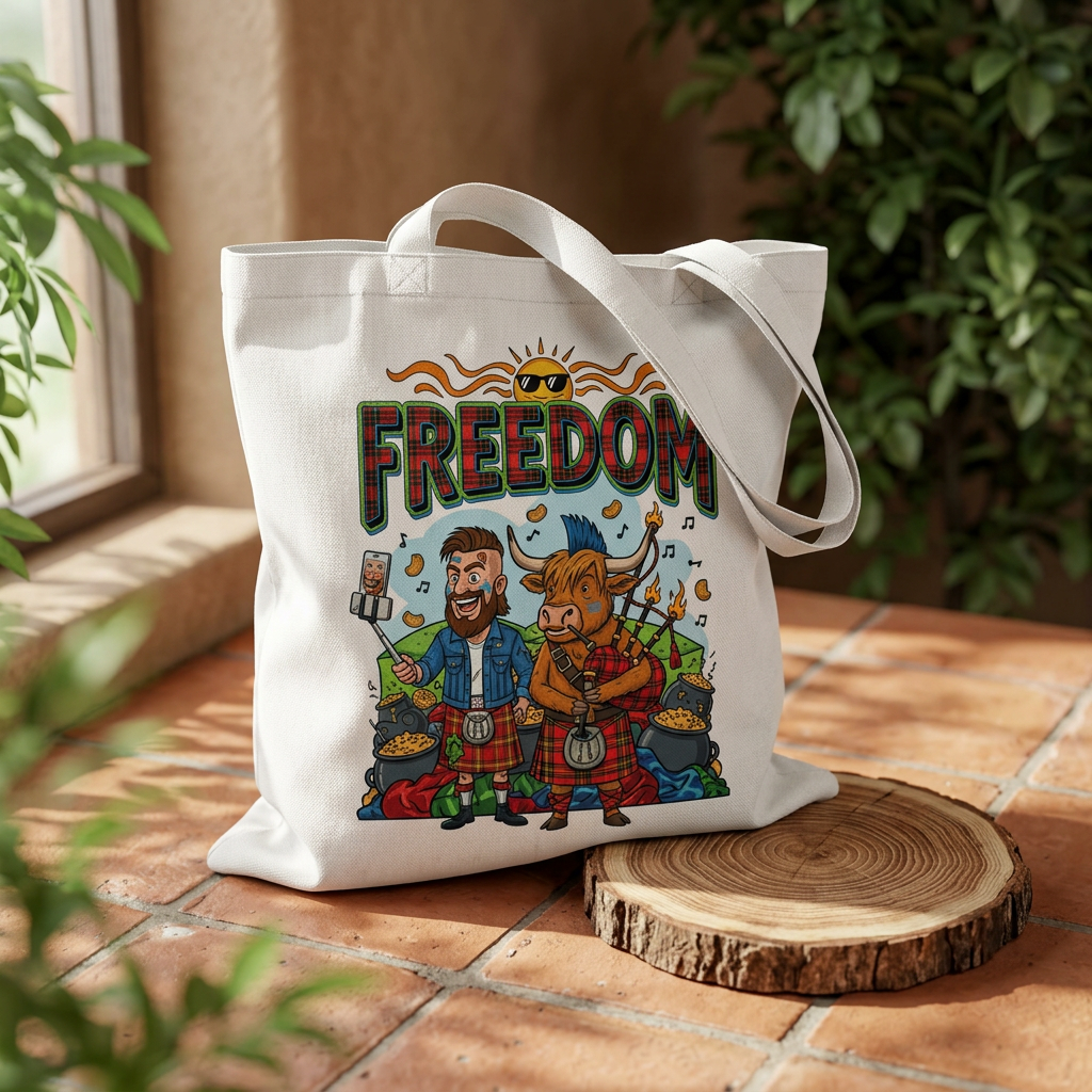 Freedom Scottish Highlanders Cotton Tote — Funny Kilted Bagpipes Design