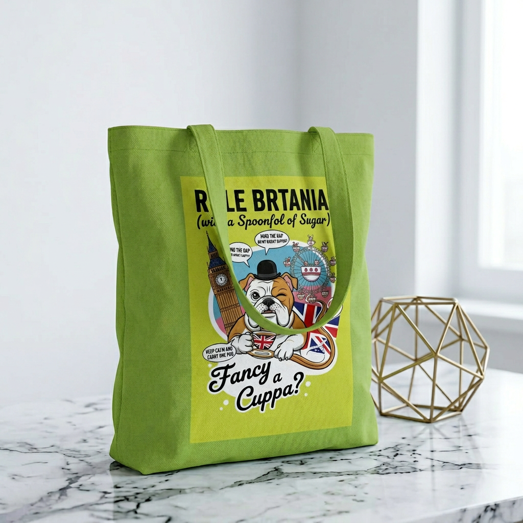 British Bulldog Tote Bag – "Fancy a Cuppa?" Cotton Grocery & Market Bag