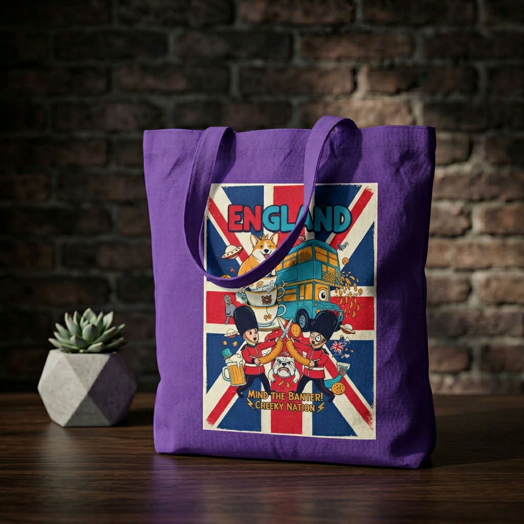 England Union Jack Cotton Tote Bag – Cute London Icons (Big Ben, Double Decker, Guards)