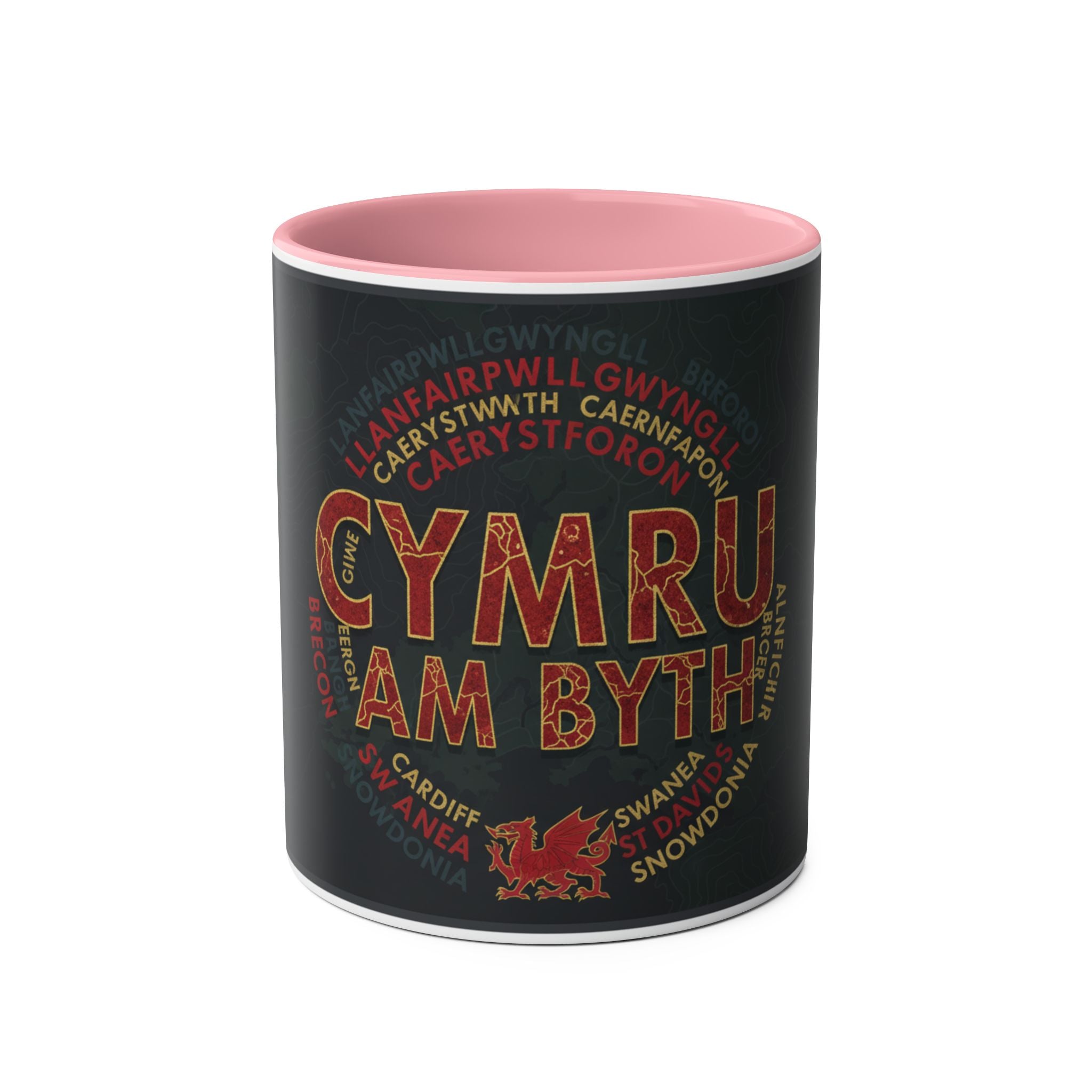 Cymru Am Byth Two-Tone 11oz Coffee Mug — Welsh Pride Map & Place Names