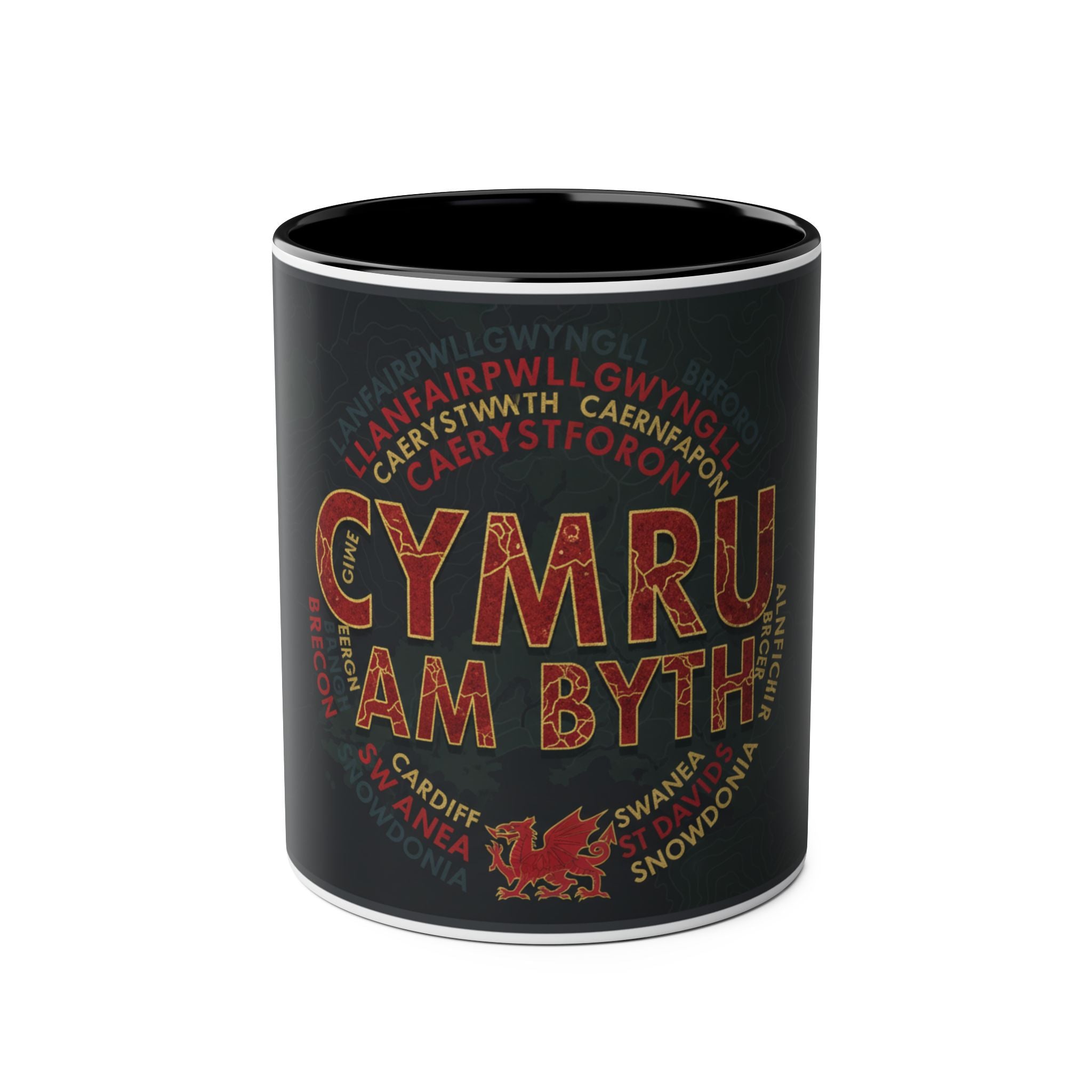 Cymru Am Byth Two-Tone 11oz Coffee Mug — Welsh Pride Map & Place Names