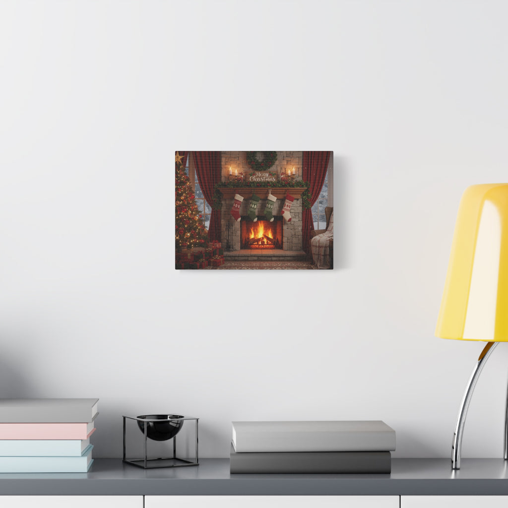 Christmas Fireplace Canvas Wall Art — 'Merry Christmas' Holiday Mantel Scene