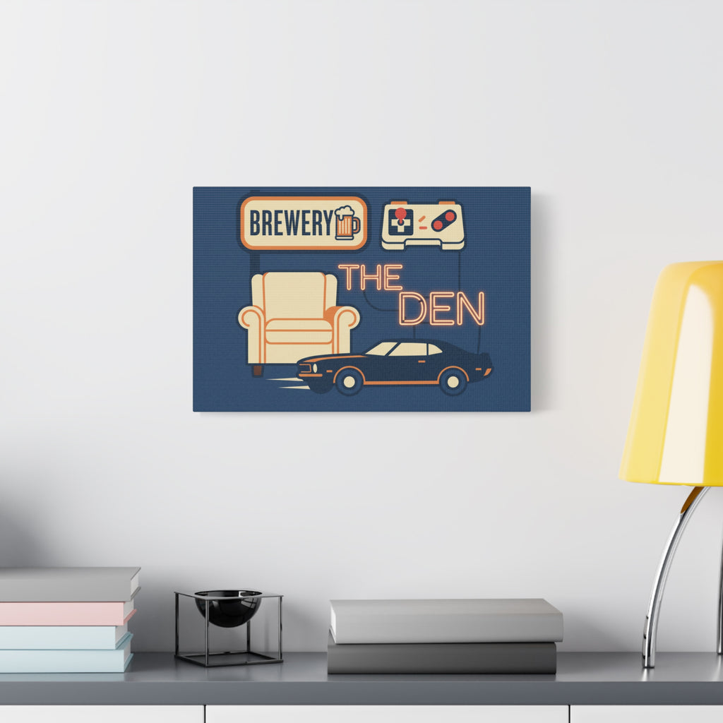The Den Canvas Wall Art – Retro Brewery, Armchair & Classic Car Matte Print