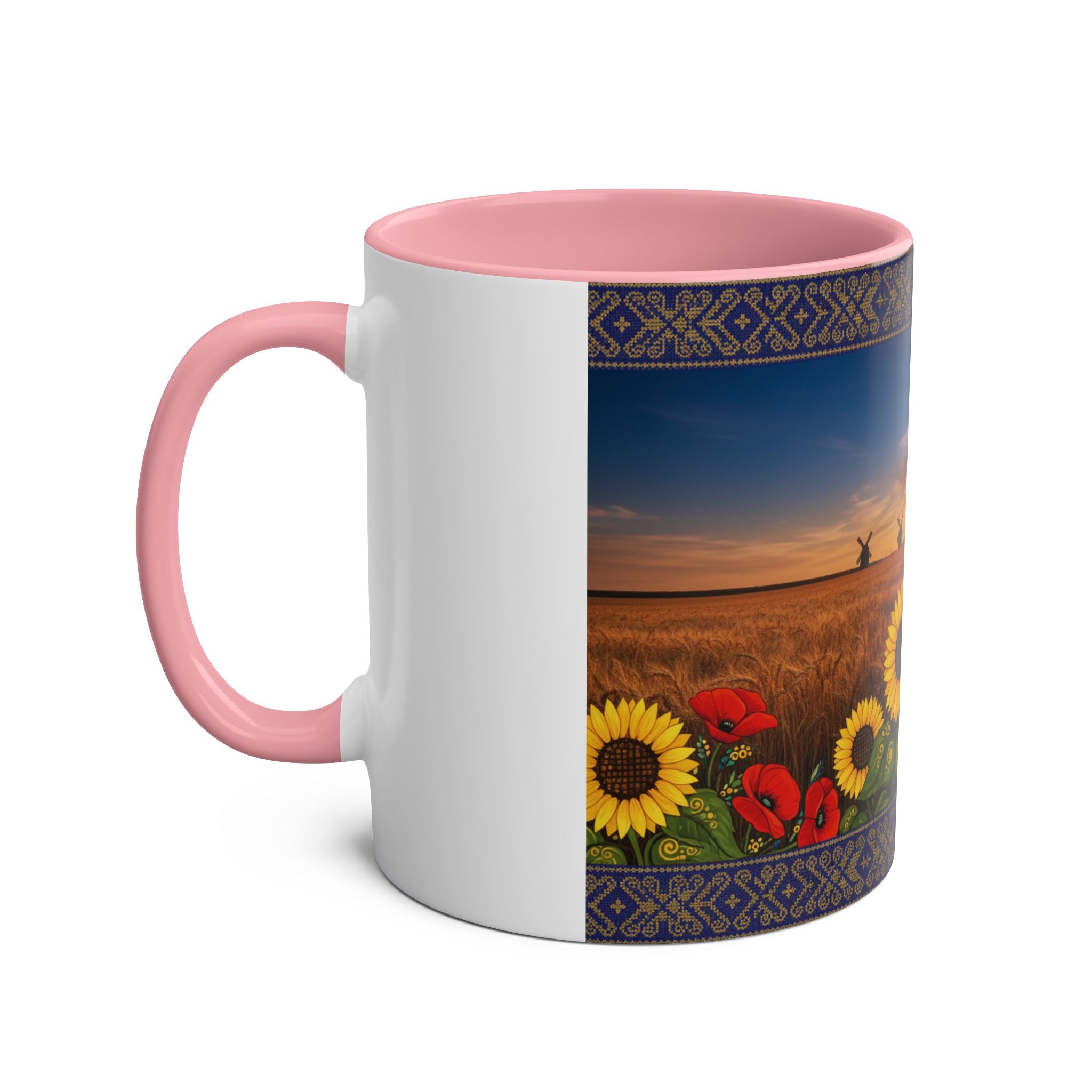 Sunflower Field Ceramic Mug — Two-Tone 11oz Coffee Cup with Sunrise & Windmills Design