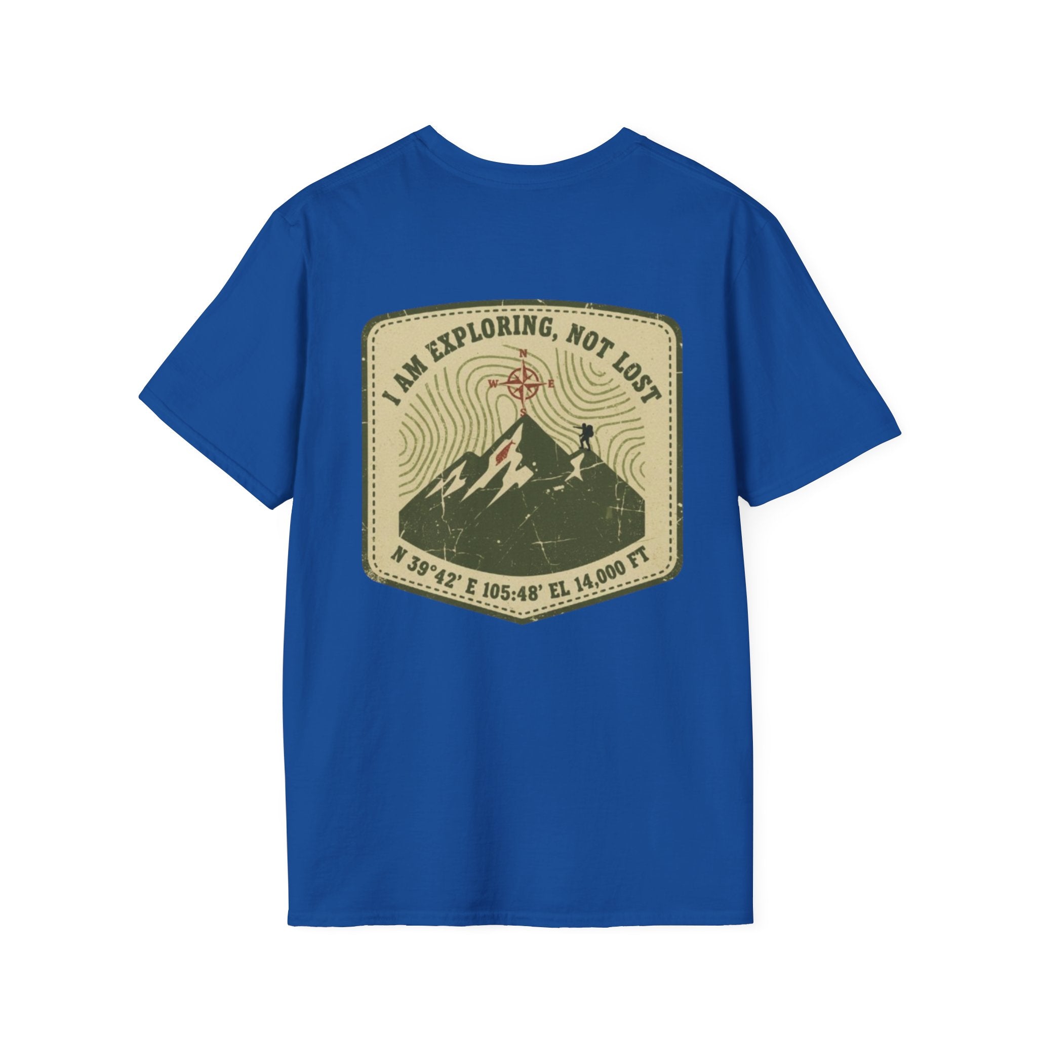 Adventure T-Shirt — "I Am Exploring, Not Lost" Mountain Patch Crew