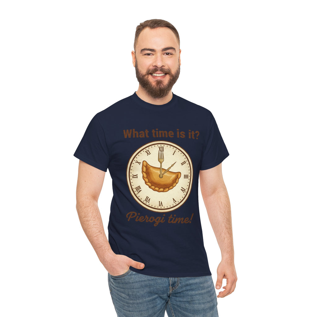 Pierogi Time T‑Shirt — "What time is it? Pierogi time!" Vintage Clock Food Tee