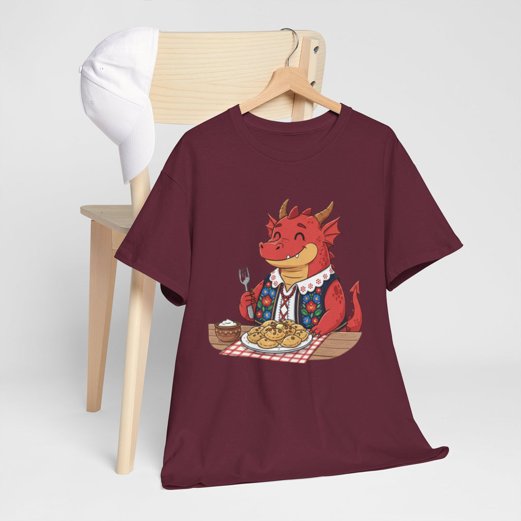 Dragon Eating Pierogi T-Shirt — "Mój nowy smok. Też lubi pierogi." Cute Polish Food Tee