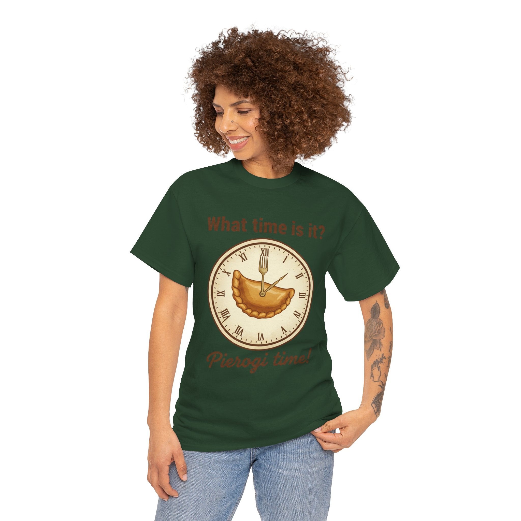 Pierogi Time T‑Shirt — "What time is it? Pierogi time!" Vintage Clock Food Tee