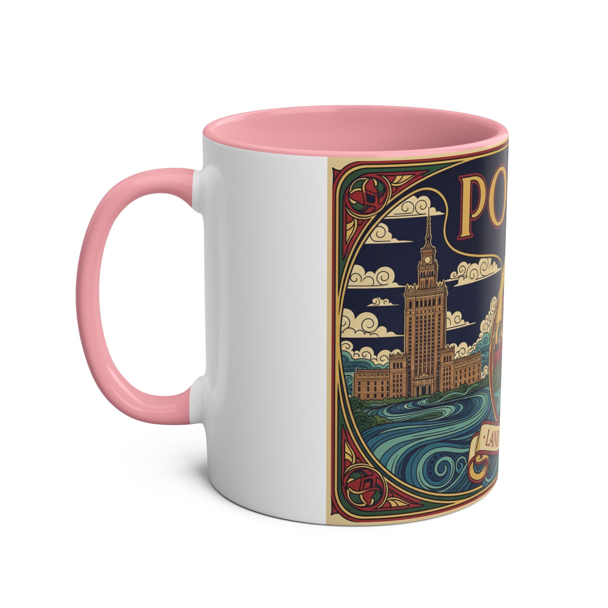Polska 'Land of Legends' Two-Tone Coffee Mug — 11oz Polish Travel Poster Design