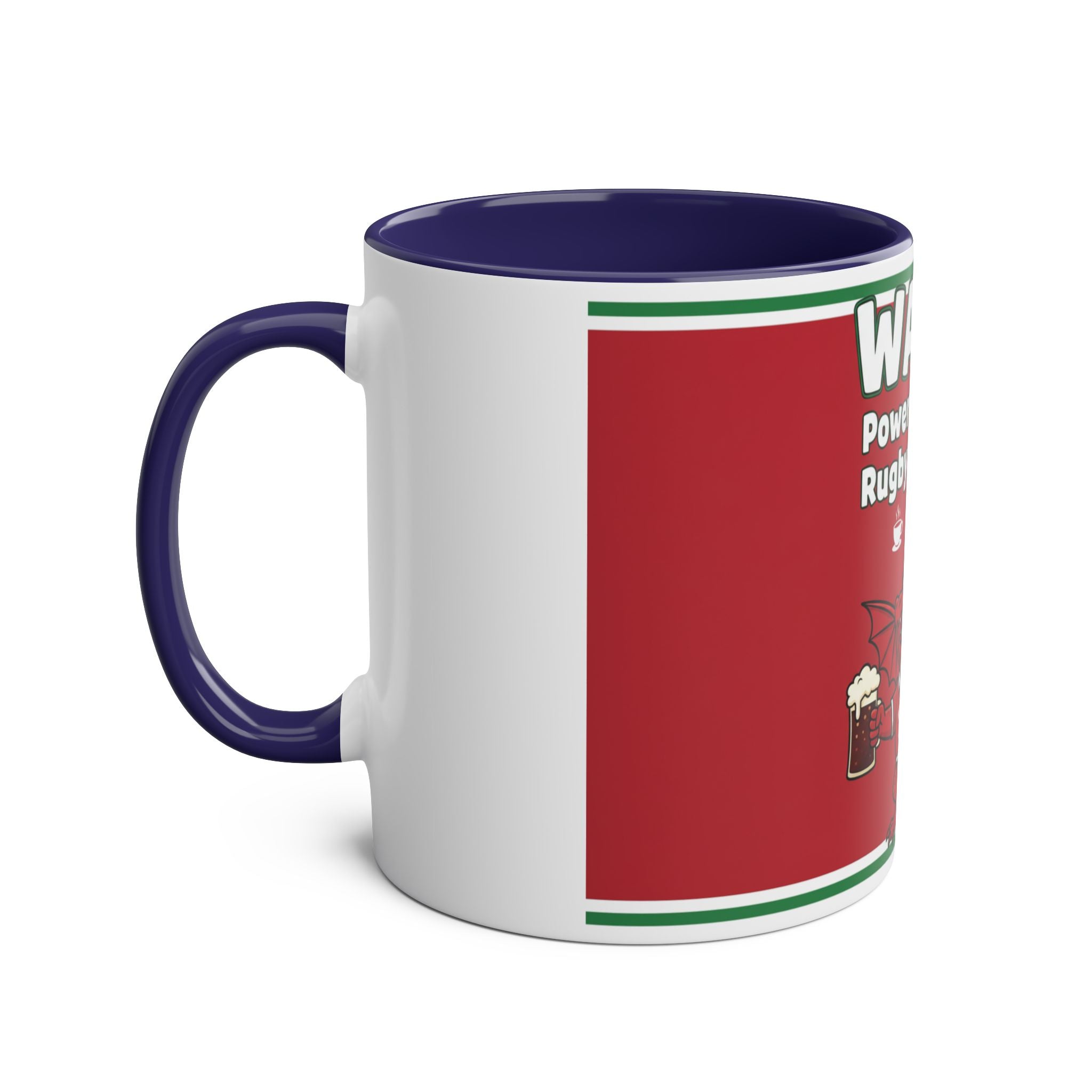 Wales Coffee Mug – "Wales: Powered by Tea, Rugby & Dragons" 11oz Two-Tone Mug