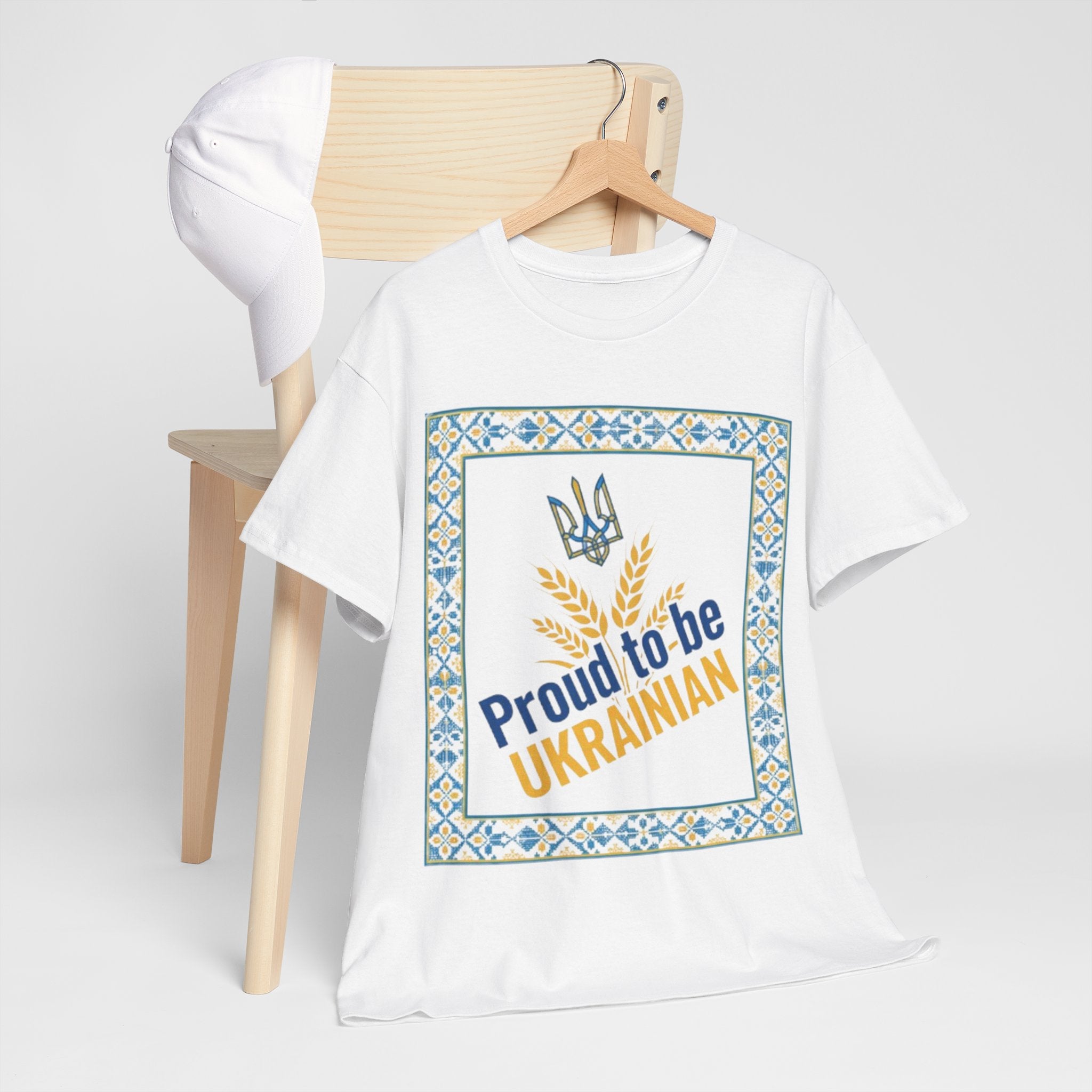 Proud to Be Ukrainian T-Shirt — Ukrainian Pride Tee with Tryzub & Wheat Design