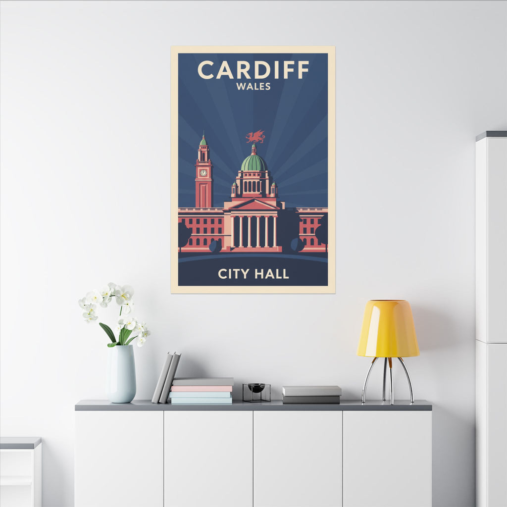 Cardiff City Hall Matte Canvas Wall Art — Vintage Wales Travel Poster