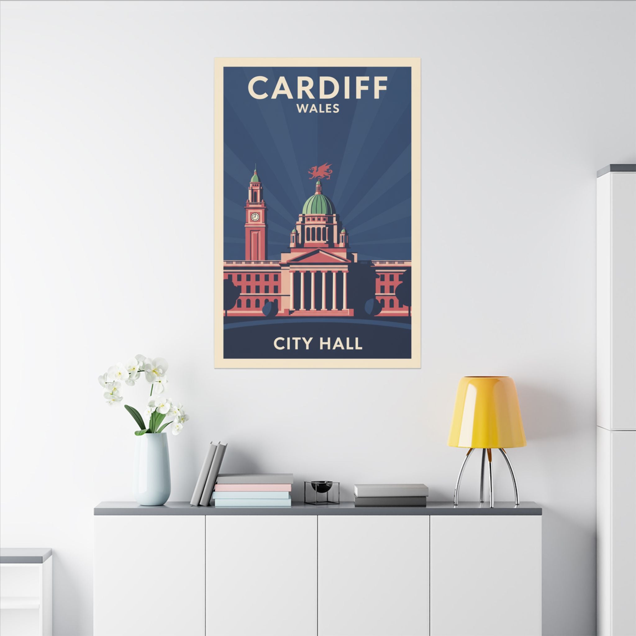 Cardiff City Hall Matte Canvas Wall Art — Vintage Wales Travel Poster