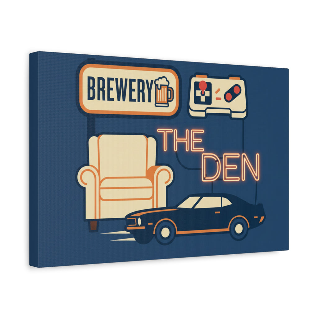 The Den Canvas Wall Art – Retro Brewery, Armchair & Classic Car Matte Print
