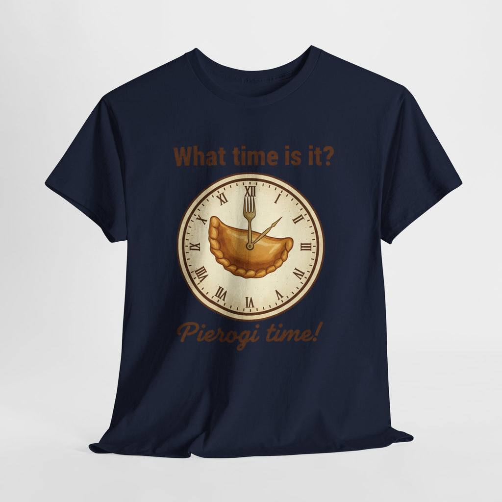 Pierogi Time T‑Shirt — "What time is it? Pierogi time!" Vintage Clock Food Tee