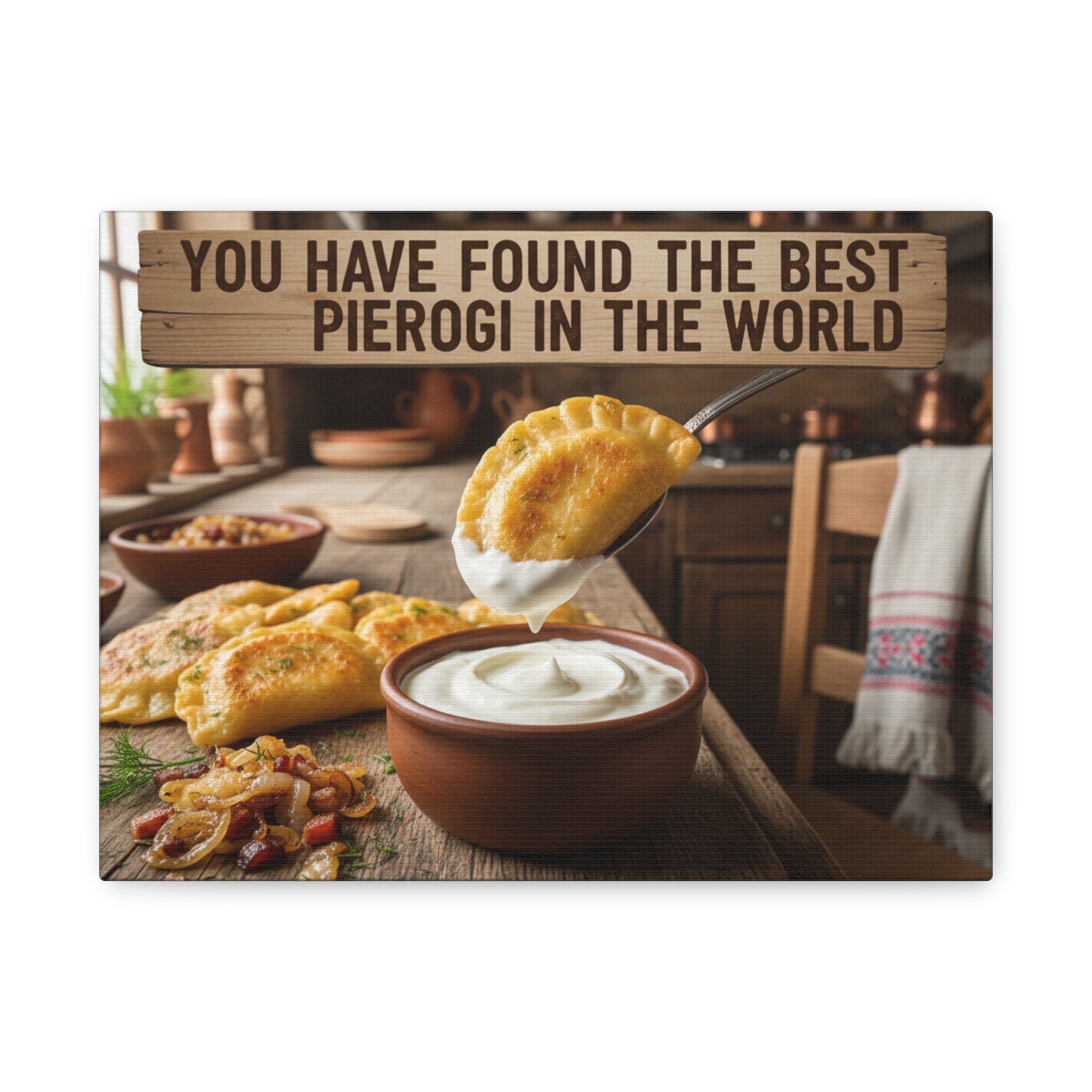 Pierogi Kitchen Canvas Wall Art — Rustic Food Canvas with Sour Cream Dip