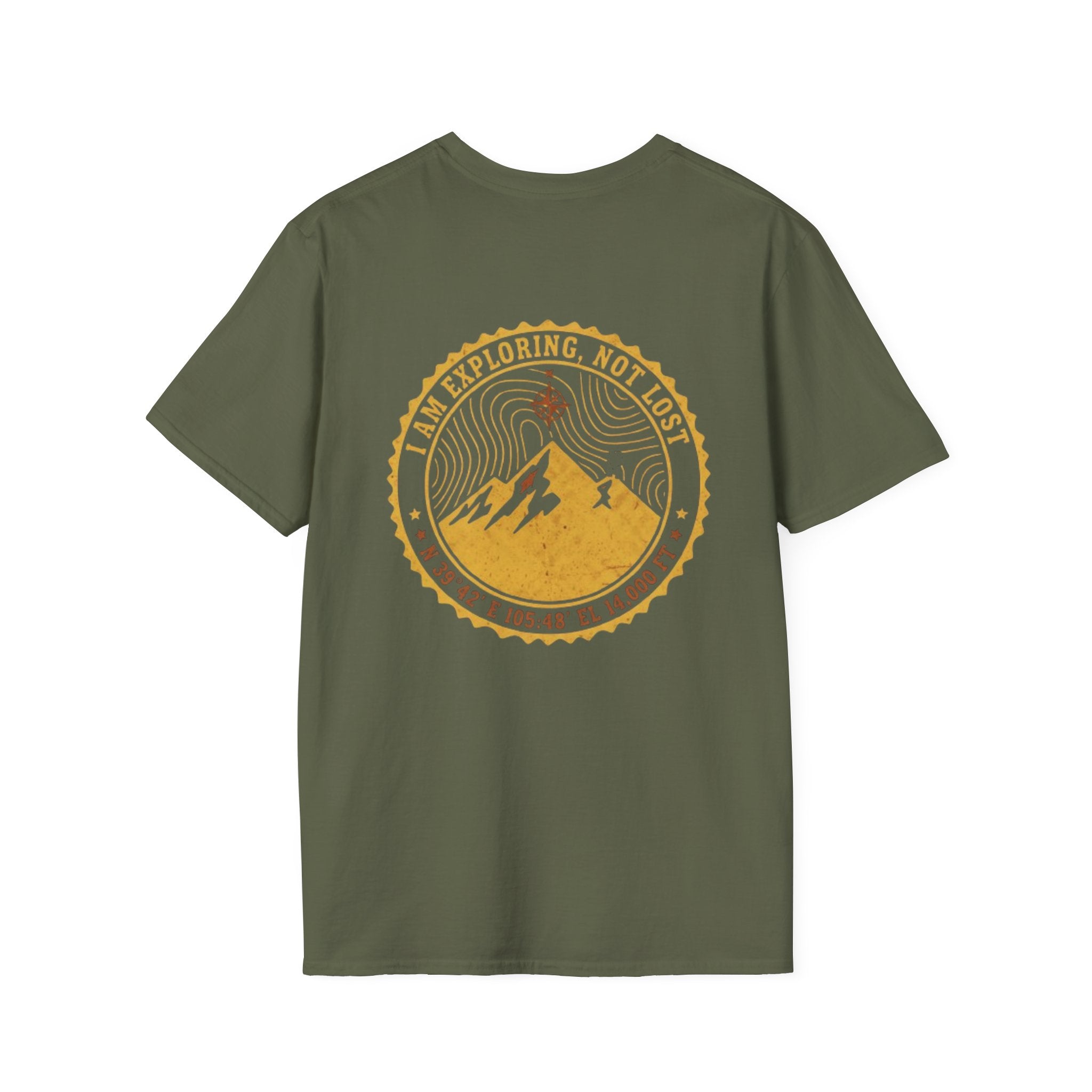 Hike Badge T-Shirt — 'Just Exploring, Not Lost' Mountain Graphic