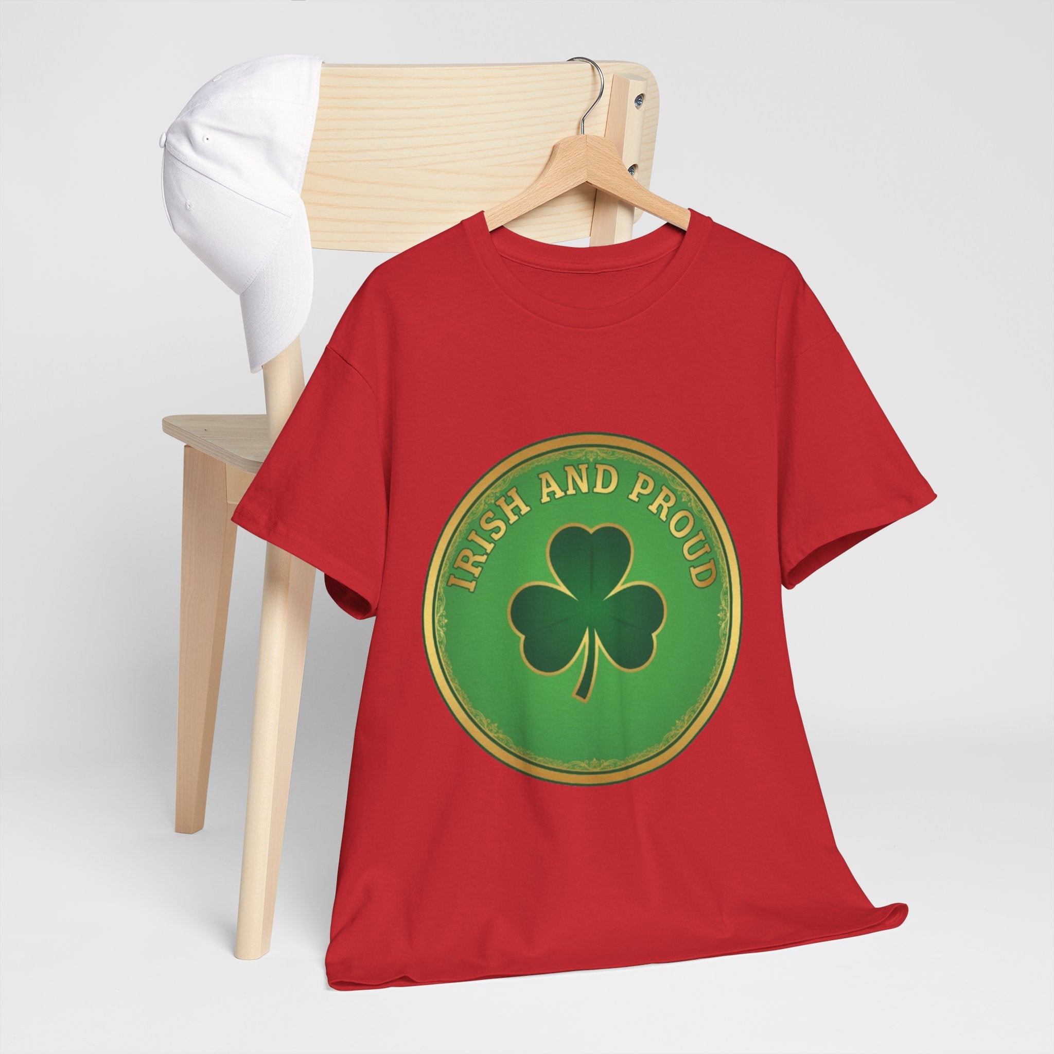 Irish and Proud T-Shirt — Green Shamrock Emblem Tee for St. Patrick's Day