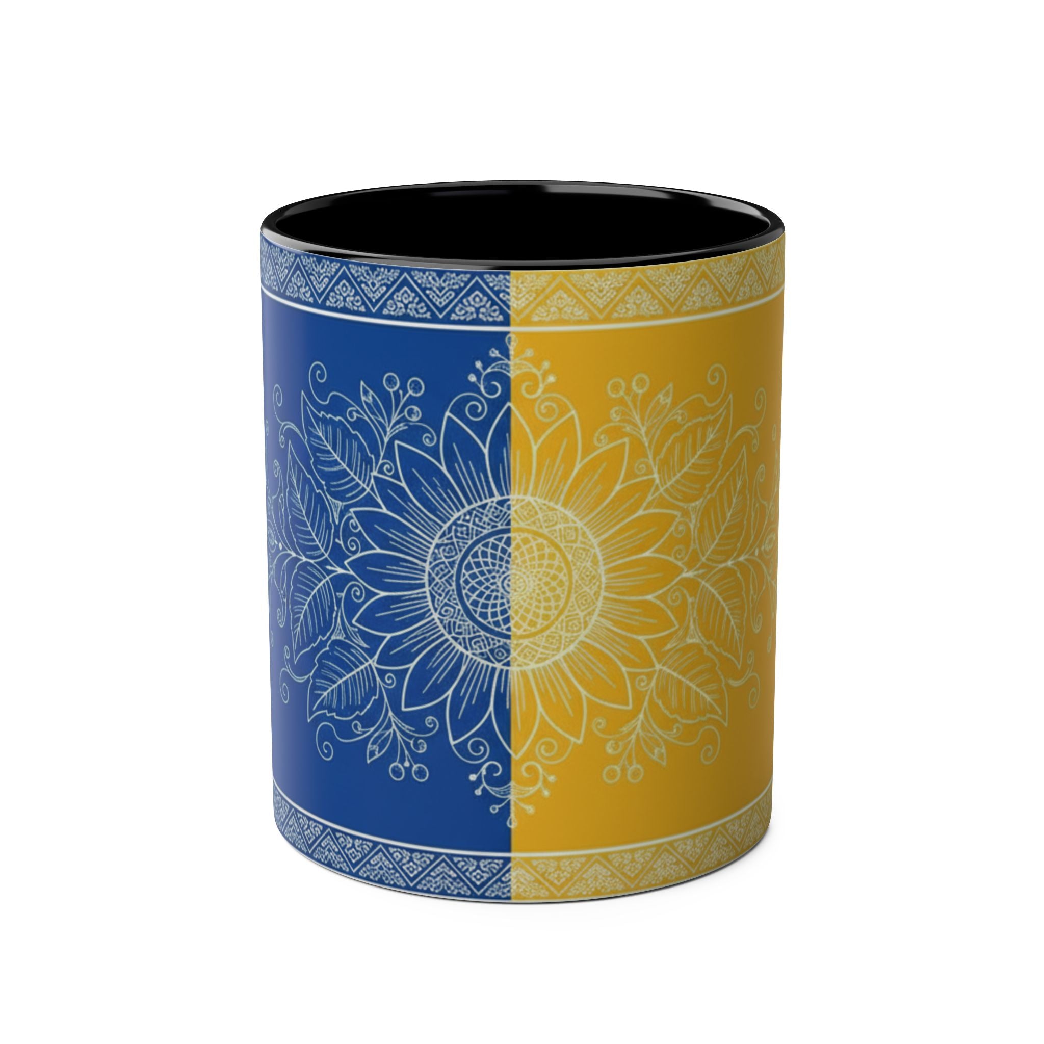 Sunflower Mandala Two-Tone Coffee Mug — Blue & Yellow 11oz