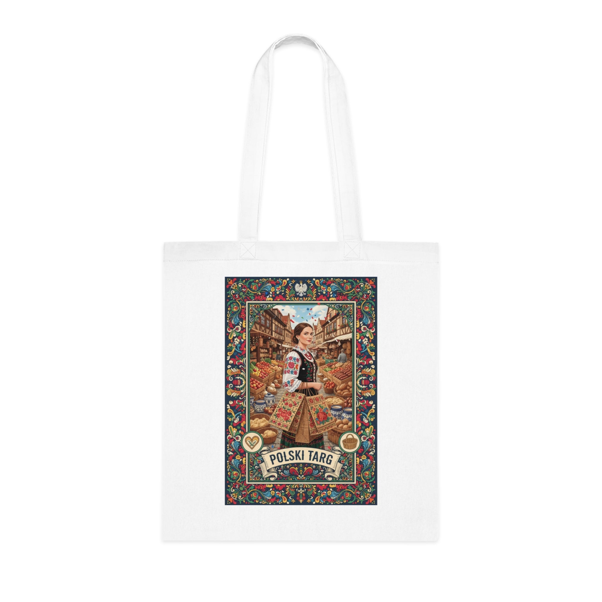 Polski Targ Cotton Tote — Vintage Polish Market Illustration Grocery Bag