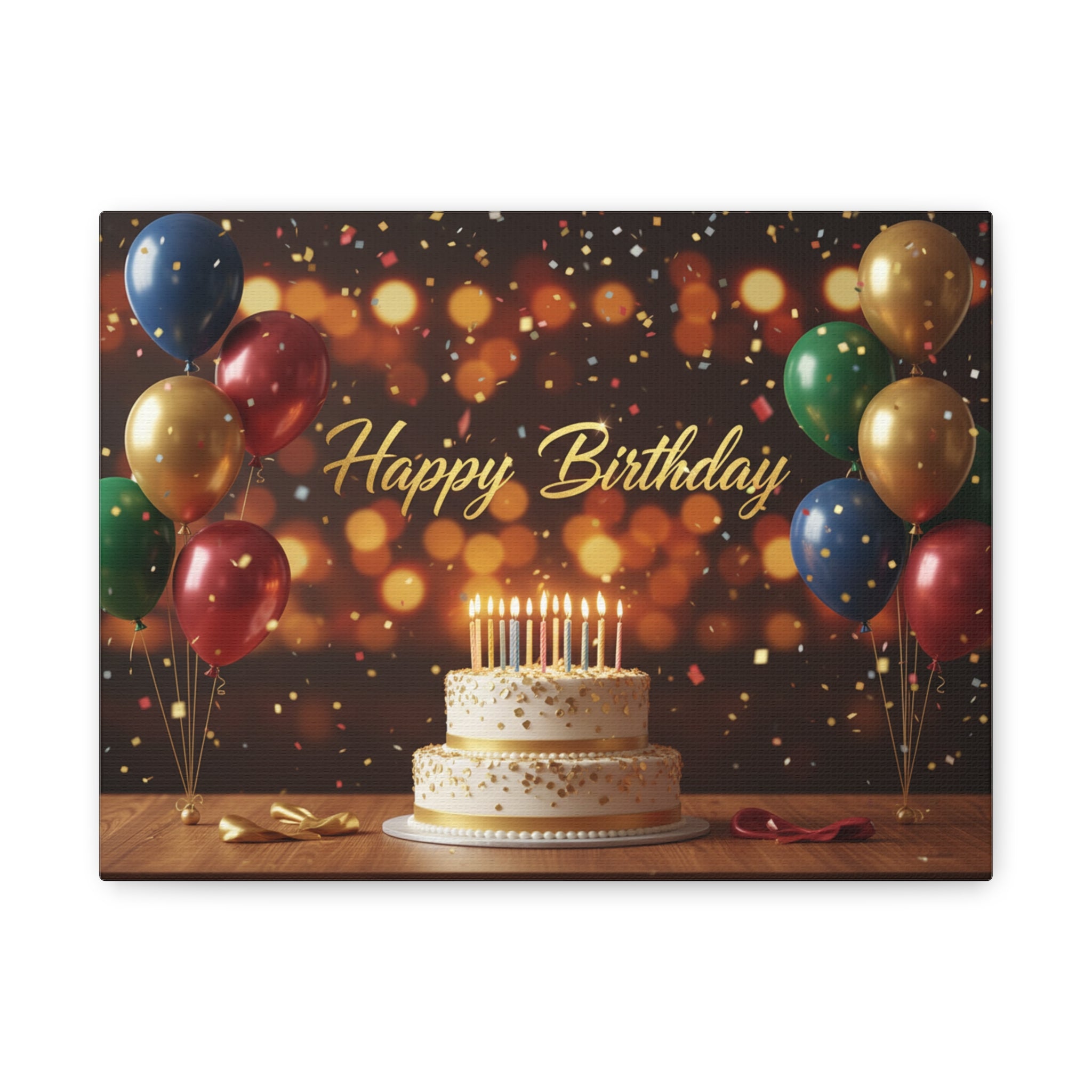 Happy Birthday Canvas Wall Art — Celebration Cake & Balloons Matte Stretched Print