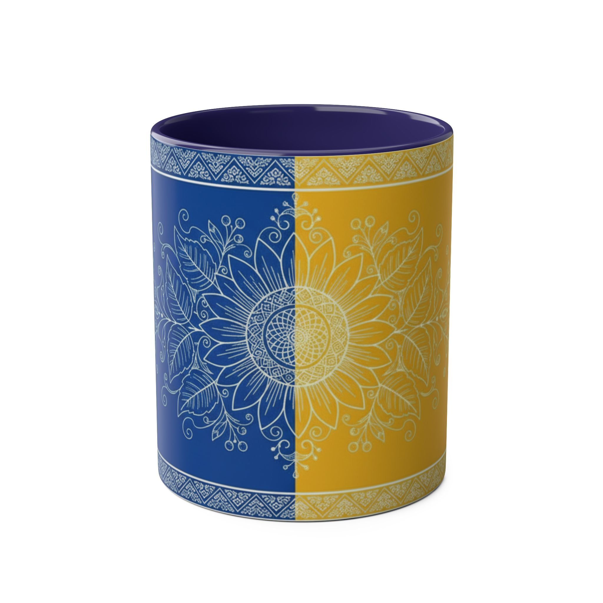 Sunflower Mandala Two-Tone Coffee Mug — Blue & Yellow 11oz