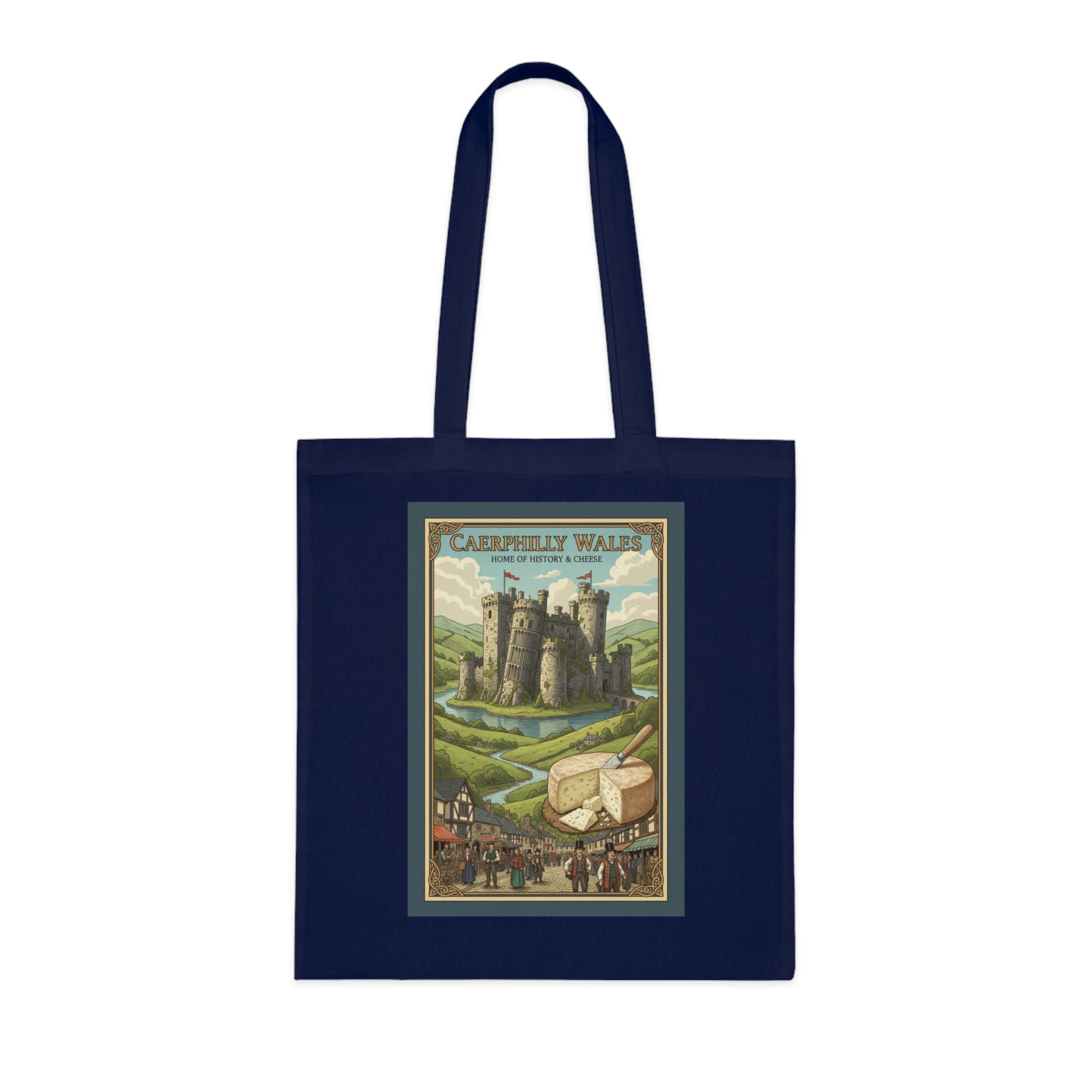 Vintage Castle & Cheese Market Cotton Tote — 'Caerphilly Wales' Retro Travel Poster Tote
