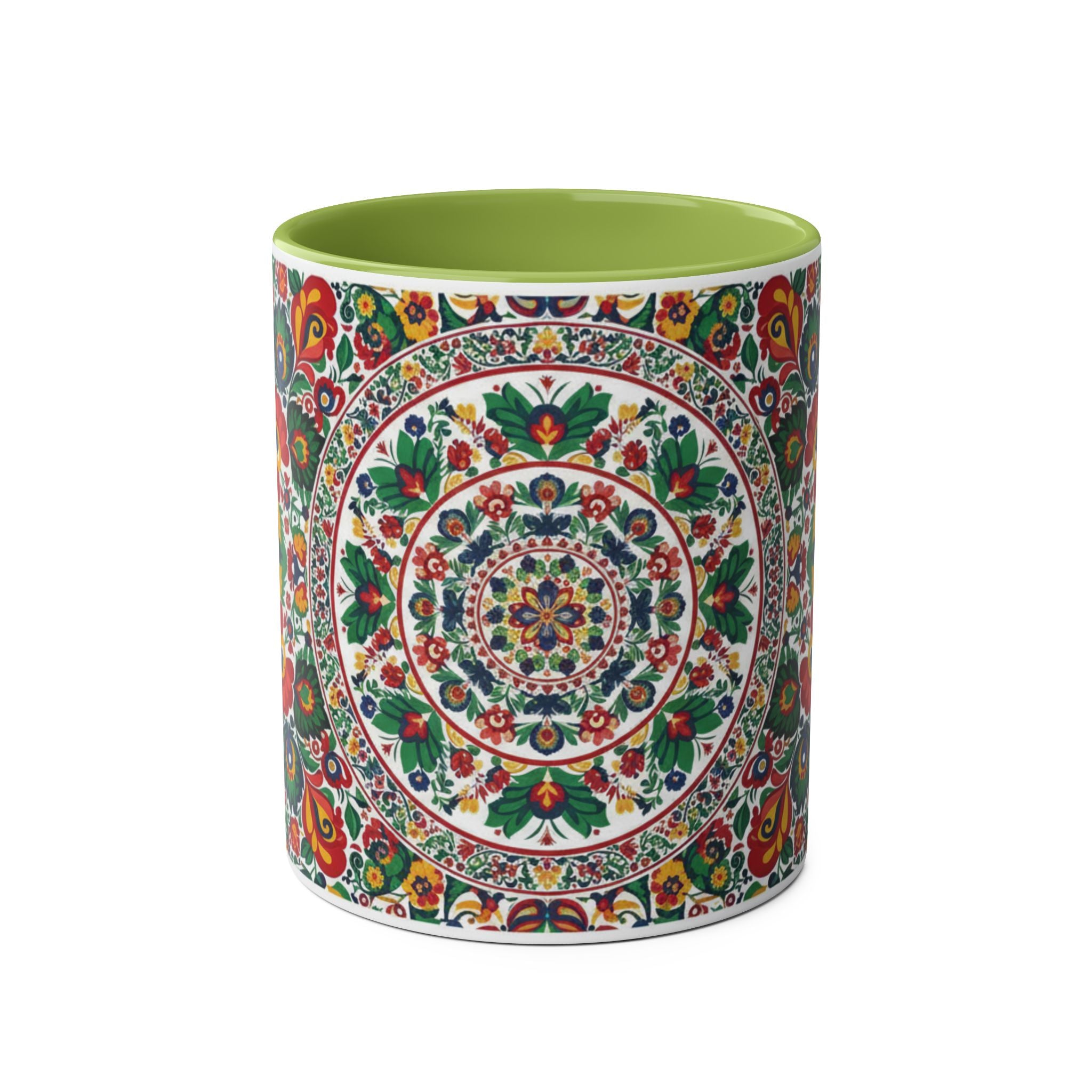Floral Mandala Two-Tone Coffee Mug — Colorful Folk Art 11oz