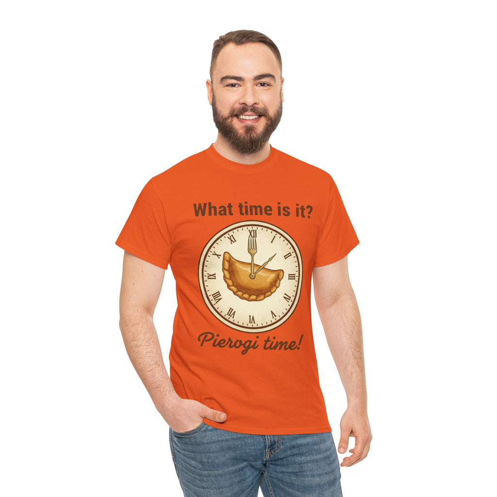 Pierogi Time T‑Shirt — "What time is it? Pierogi time!" Vintage Clock Food Tee