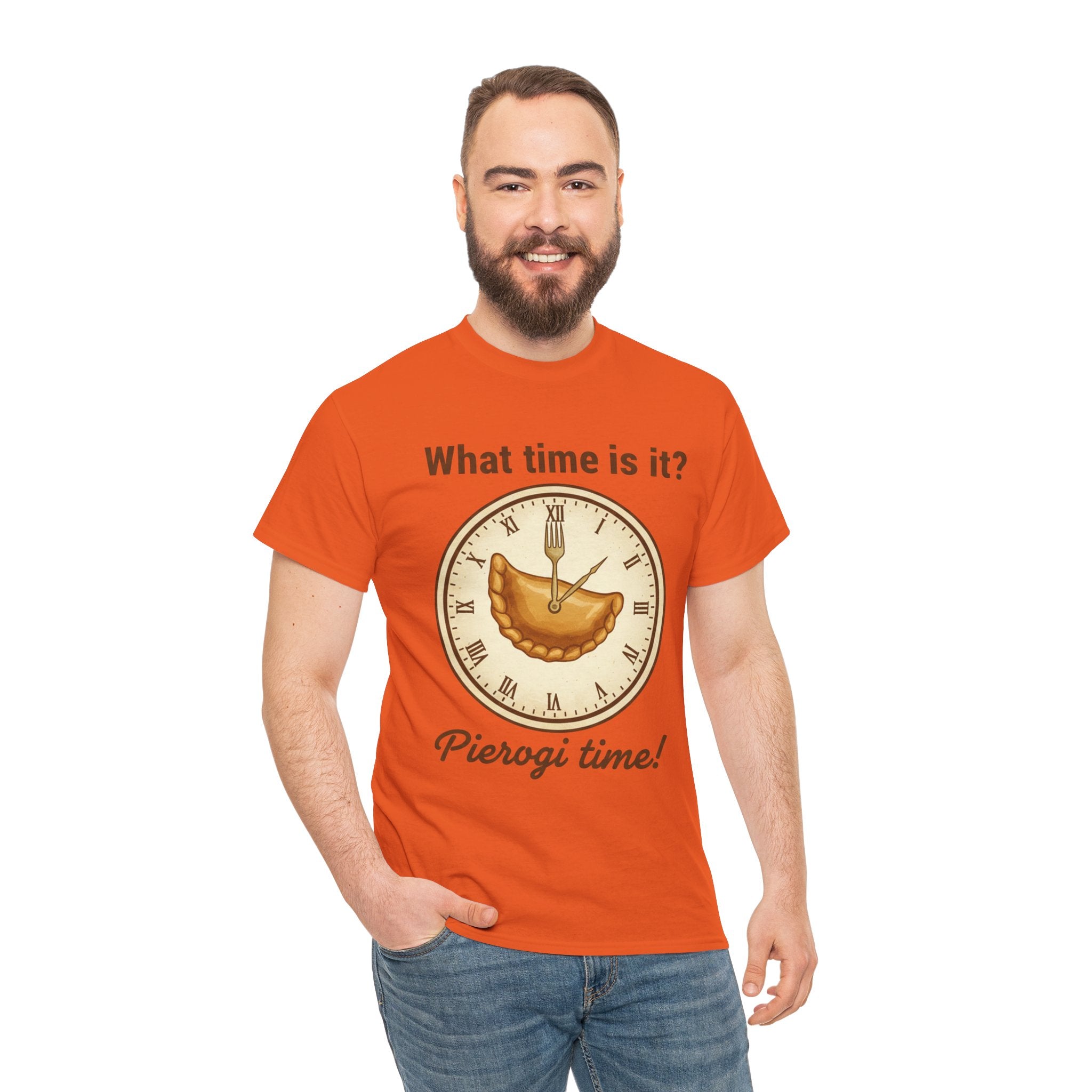 Pierogi Time T‑Shirt — "What time is it? Pierogi time!" Vintage Clock Food Tee