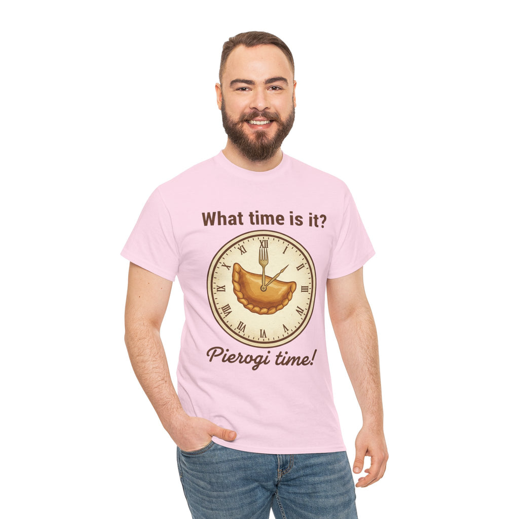 Pierogi Time T‑Shirt — "What time is it? Pierogi time!" Vintage Clock Food Tee