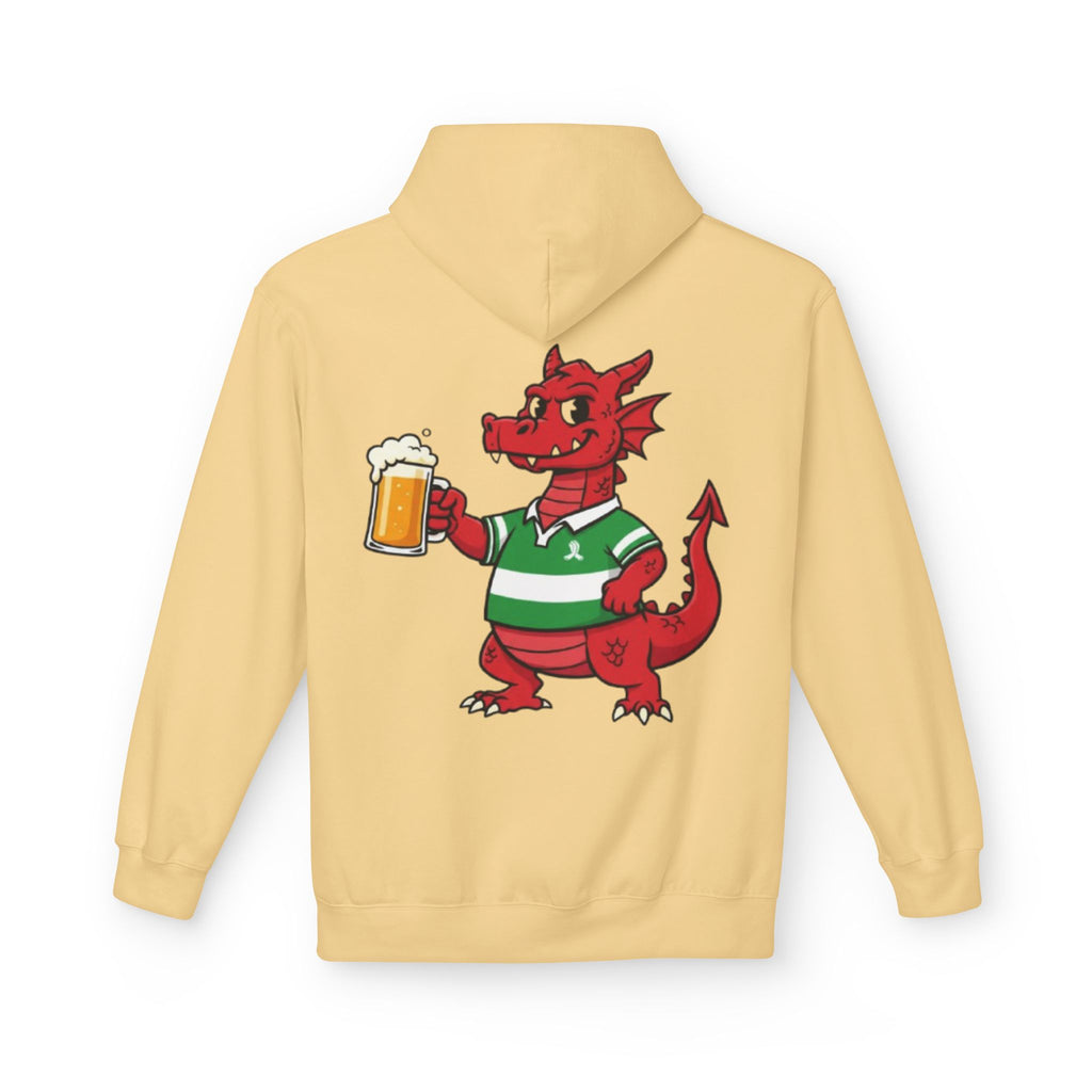 Welsh Dragon Drinking Beer Hoodie — Rugby Pub Fan Pullover