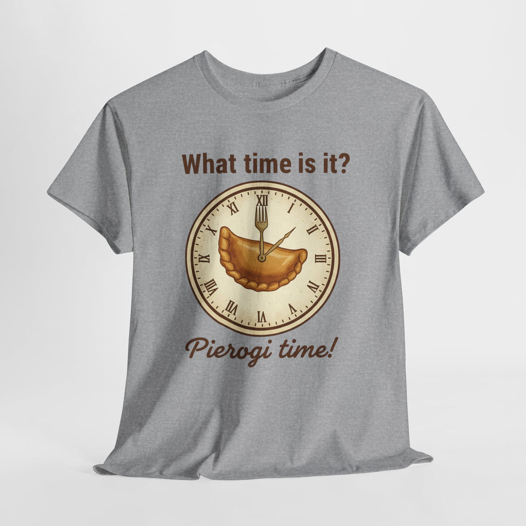 Pierogi Time T‑Shirt — "What time is it? Pierogi time!" Vintage Clock Food Tee