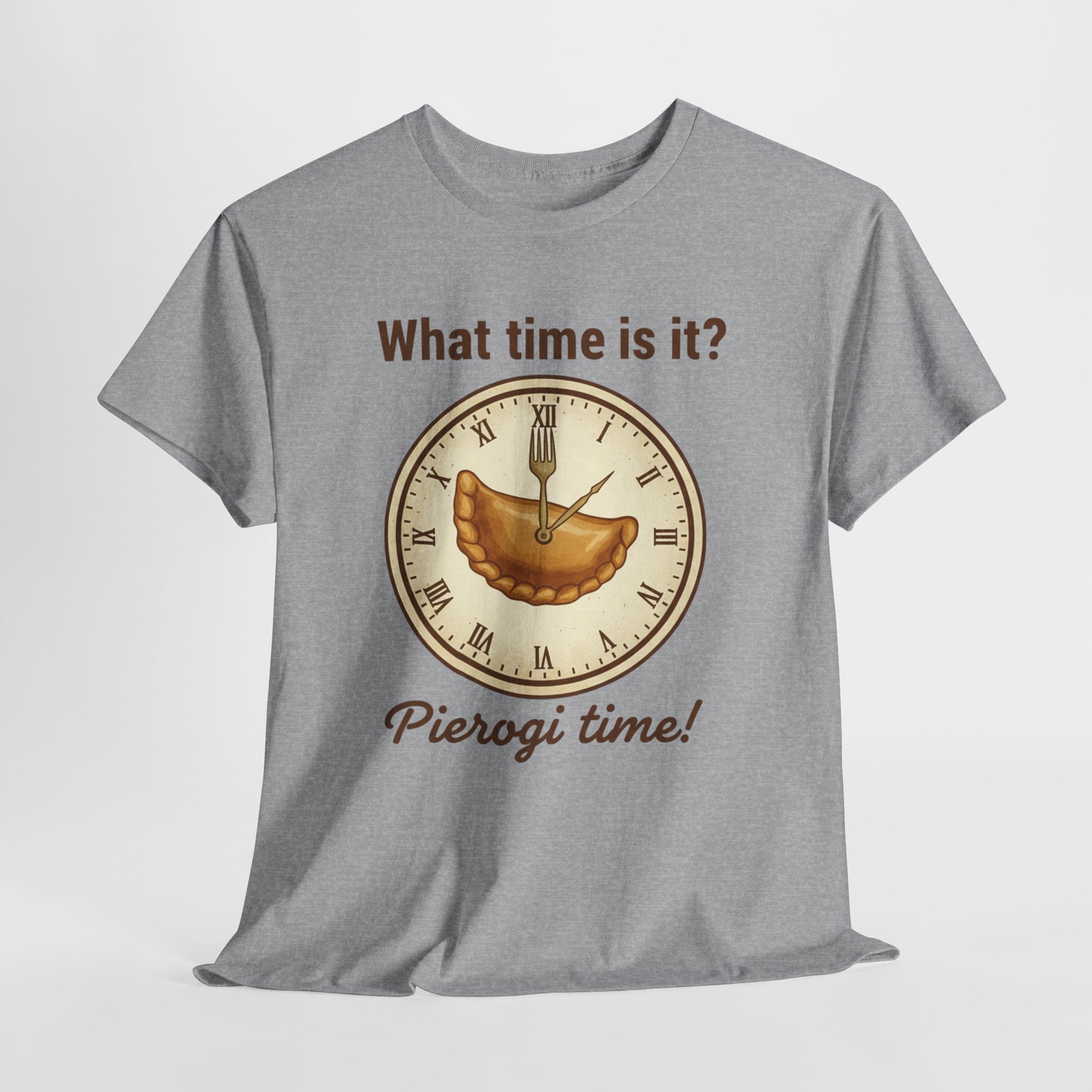 Pierogi Time T‑Shirt — "What time is it? Pierogi time!" Vintage Clock Food Tee