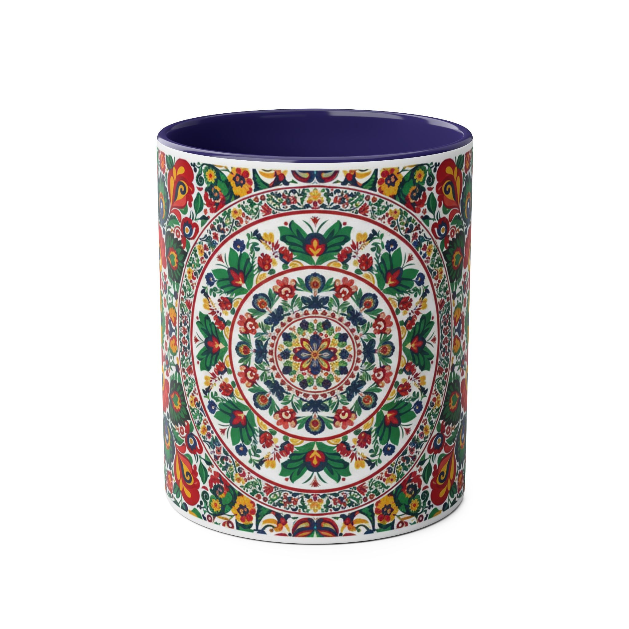 Floral Mandala Two-Tone Coffee Mug — Colorful Folk Art 11oz